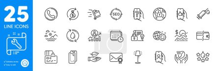 Illustration for Outline icons set. Card, Coffee and Quality icons. Security contract, Verified mail, Seo gear web elements. Stand lamp, Spanner, Check investment signs. Like app, Call center, Refill water. Vector - Royalty Free Image