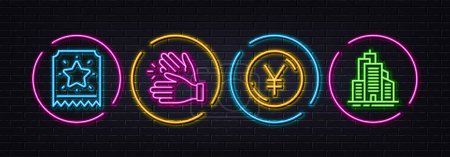 Illustration for Yen money, Loyalty ticket and Clapping hands minimal line icons. Neon laser 3d lights. Skyscraper buildings icons. For web, application, printing. Currency, Bonus star, Clap. Town architecture. Vector - Royalty Free Image