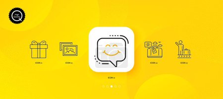 Illustration for Gift box, Luggage belt and Smile chat minimal line icons. Yellow abstract background. Travel luggage, Photo album icons. For web, application, printing. Vector - Royalty Free Image