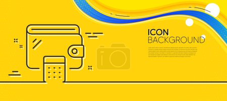 Illustration for Wallet line icon. Abstract yellow background. Money purse with calculator sign. Cash budget symbol. Minimal wallet line icon. Wave banner concept. Vector - Royalty Free Image