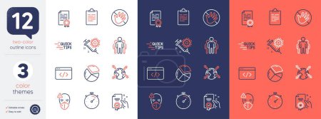 Illustration for Set of Clipboard, Certificate and Timer line icons. Include Pie chart, Group, Seo script icons. Certificate diploma, World vaccination, Coronavirus vaccine web elements. Education. Vector - Royalty Free Image