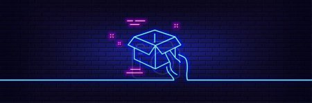 Illustration for Neon light glow effect. Hold open box line icon. Delivery parcel sign. Cargo package symbol. 3d line neon glow icon. Brick wall banner. Hold box outline. Vector - Royalty Free Image