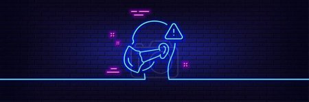 Illustration for Neon light glow effect. Medical mask line icon. Safety breathing respiratory mask sign. Coronavirus face protection symbol. 3d line neon glow icon. Brick wall banner. Medical mask outline. Vector - Royalty Free Image