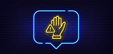 Illustration for Neon light speech bubble. Dont touch line icon. Hand warning sign. Hygiene notification symbol. Neon light background. Dont touch glow line. Brick wall banner. Vector - Royalty Free Image