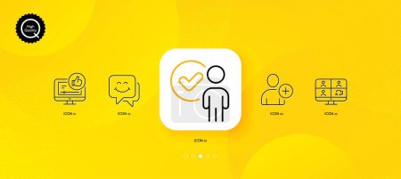 Illustration for Like video, Smile face and Add user minimal line icons. Yellow abstract background. Video conference, Verification person icons. For web, application, printing. Vector - Royalty Free Image