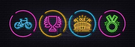 Illustration for Winner, Bicycle and Sports arena minimal line icons. Neon laser 3d lights. Honor icons. For web, application, printing. Sports achievement, Bike, Event stadium. Medal. Neon lights buttons. Vector - Royalty Free Image