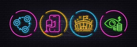 Illustration for Location app, Arena and Friends community minimal line icons. Neon laser 3d lights. Business vision icons. For web, application, printing. Flag pin, Sport stadium, Love. Marketing mission. Vector - Royalty Free Image