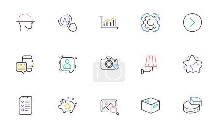 Illustration for Developers chat, Seo gear and Food order line icons for website, printing. Collection of Star, Pie chart, Graph icons. Loyalty points, Search photo, Ab testing web elements. Vector - Royalty Free Image