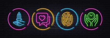 Illustration for Heart, Crowdfunding and Fingerprint minimal line icons. Neon laser 3d lights. Safe time icons. For web, application, printing. Love chat, Start business, Biometric scan. Management. Vector - Royalty Free Image