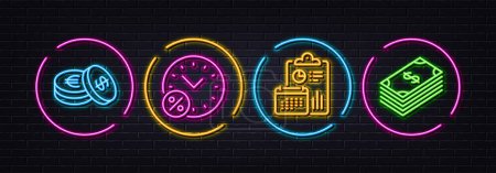 Illustration for Loan percent, Savings and Report minimal line icons. Neon laser 3d lights. Dollar icons. For web, application, printing. Discount, Cash coins, Accounting. Usd currency. Neon lights buttons. Vector - Royalty Free Image