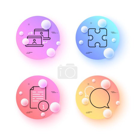 Illustration for Manual, Puzzle and Messenger minimal line icons. 3d spheres or balls buttons. Outsource work icons. For web, application, printing. Read file, Puzzle piece, Speech bubble. Remote job. Vector - Royalty Free Image