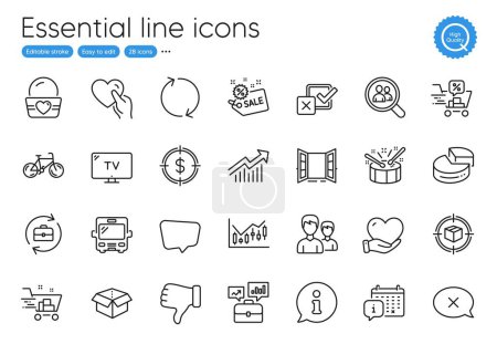 Illustration for Search employees, Couple and Bicycle line icons. Collection of Dollar target, Ice cream, Demand curve icons. Info, Refresh, Parcel tracking web elements. Dislike hand, Hold heart. Vector - Royalty Free Image