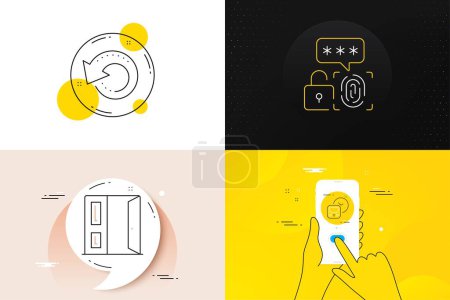 Illustration for Minimal set of Open door, Metro and Biometric security line icons. Phone screen, Quote banners. Recovery data icons. For web development. Entrance, Subway timetable, Fingerprint secure. Vector - Royalty Free Image