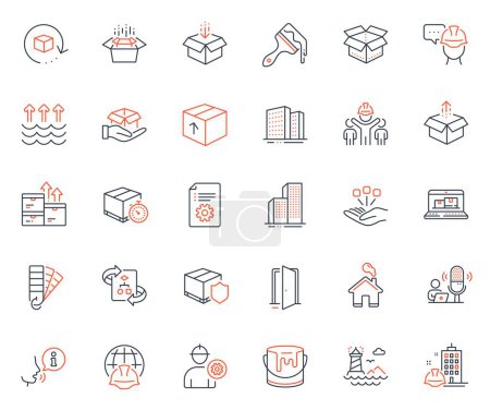 Illustration for Industrial icons set. Included icon as Engineer, Brush and Open door web elements. Skyscraper buildings, Foreman, Consolidation icons. Return package, Delivery insurance. Vector - Royalty Free Image