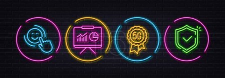 Illustration for 5g technology, Presentation and Smile minimal line icons. Neon laser 3d lights. Shield icons. For web, application, printing. Quality wi-fi, Board with charts, Positive feedback. Safe secure. Vector - Royalty Free Image