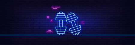Illustration for Neon light glow effect. Dumbbells line icon. Workout equipment sign. Gym fit symbol. 3d line neon glow icon. Brick wall banner. Dumbbells outline. Vector - Royalty Free Image