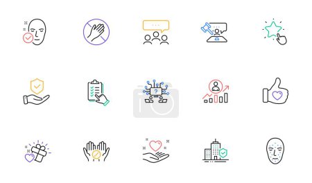 Illustration for Teamwork question, Medical tablet and Like hand line icons for website, printing. Collection of Dont touch, Ranking star, Checklist icons. Judge hammer, Hold heart. Vector - Royalty Free Image