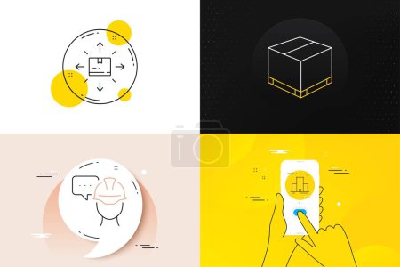 Illustration for Minimal set of Delivery box, Cardboard box and University campus line icons. Phone screen, Quote banners. Foreman icons. For web development. Cargo package, Warehouse inventory, Town building. Vector - Royalty Free Image