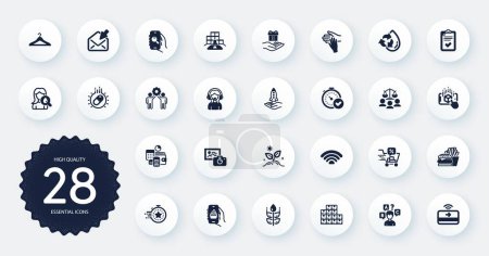 Illustration for Set of Business icons, such as Gluten free, Checklist and Capsule pill flat icons. Photo camera, Wholesale inventory, Employees teamwork web elements. Cloakroom, Crowdfunding. Circle buttons. Vector - Royalty Free Image