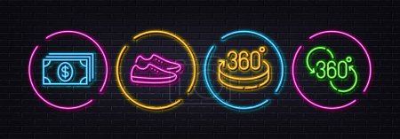 Illustration for Shoes, Banking and 360 degrees minimal line icons. Neon laser 3d lights. 360 degree icons. For web, application, printing. Fashion footwear, Money payment, Full rotation. Virtual reality. Vector - Royalty Free Image