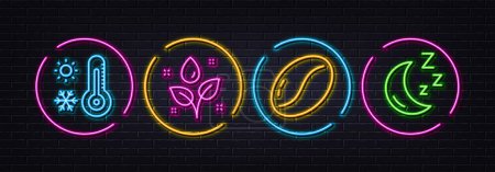 Illustration for Coffee beans, Weather thermometer and Plants watering minimal line icons. Neon laser 3d lights. Moon icons. For web, application, printing. Vegetarian seed, Temperature, Water drop. Vector - Royalty Free Image