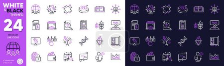 Illustration for Open door, Fireworks rocket and Debit card line icons for website, printing. Collection of Fireworks stars, Payment, Global business icons. Customer survey, Fake review. Bicolor outline icon. Vector - Royalty Free Image