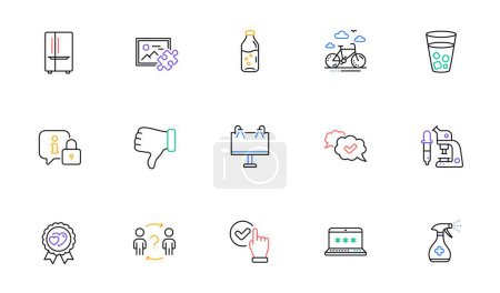 Illustration for Approved, Puzzle image and Love award line icons for website, printing. Collection of Water bottle, Refrigerator, Medical cleaning icons. Checkbox, Dislike hand, Microscope web elements. Vector - Royalty Free Image
