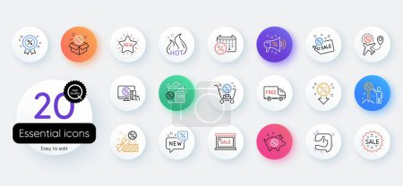 Illustration for Discount line icons. Bicolor outline web elements. Set of Shopping, Sale and New icons. Free delivery, Flight sale and Black friday discount. Hot offer, Airplane and new store. Online shopping. Vector - Royalty Free Image