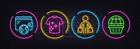 Illustration for Wallet, Clean t-shirt and Buyer minimal line icons. Neon laser 3d lights. Online shopping icons. For web, application, printing. Internet money, Laundry shirt, Shopping customer. Vector - Royalty Free Image