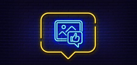 Illustration for Neon light speech bubble. Like photo line icon. Thumbs up sign. Positive feedback, social media symbol. Neon light background. Like photo glow line. Brick wall banner. Vector - Royalty Free Image
