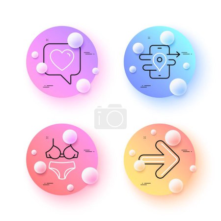Illustration for Heart, Next and Gps minimal line icons. 3d spheres or balls buttons. Lingerie icons. For web, application, printing. Like rating, Forward, Phone map. Bra with panties. Heart line icon banner. Vector - Royalty Free Image