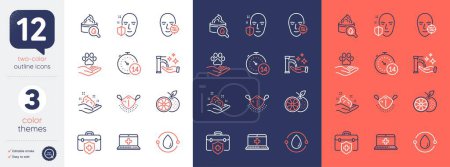 Set of Face protection, Problem skin and Skin care line icons. Include Cold-pressed oil, Medical help, Quarantine icons. Medical mask, Washing hands, Pets care web elements. Vector