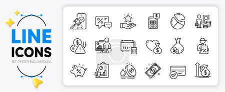Illustration for Budget, Report and Money profit line icons set for app include Deflation, Discounts, Teacher outline thin icon. Account, Pie chart, Payment methods pictogram icon. Cash, Loan percent. Vector - Royalty Free Image