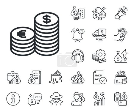 Illustration for Banking currency sign. Cash money, loan and mortgage outline icons. Coins money line icon. Euro and Dollar Cash symbols. Currency line sign. Credit card, crypto wallet icon. Vector - Royalty Free Image