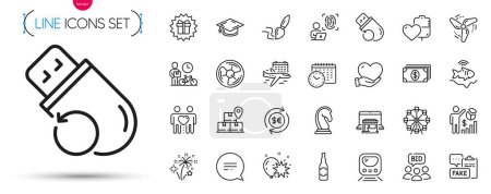 Illustration for Pack of Wind energy, Beer bottle and Text message line icons. Include Marketing strategy, Flash memory, Volunteer pictogram icons. Air fan, Graduation cap, Banking signs. Marketplace. Vector - Royalty Free Image