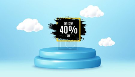 Illustration for Get 40 percent off paint brush banner. Winner podium 3d base. Product offer pedestal. Discount square frame. Sale tag icon. Sale frame promotion message. Background with 3d clouds. Vector - Royalty Free Image