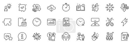Illustration for Icons pack as Time, Safe time and Website statistics line icons for app include Power, Interview job, Artificial intelligence outline thin icon web set. Info, Confirmed, Manual pictogram. Vector - Royalty Free Image