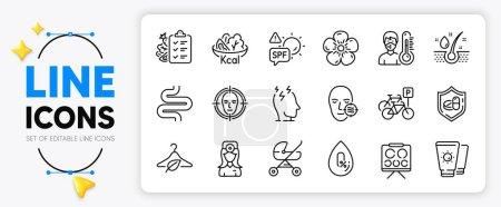 Illustration for Spf protection, Slow fashion and Diet menu line icons set for app include Oculist doctor, No alcohol, Serum oil outline thin icon. Natural linen, Stress, Sunscreen pictogram icon. Vector - Royalty Free Image