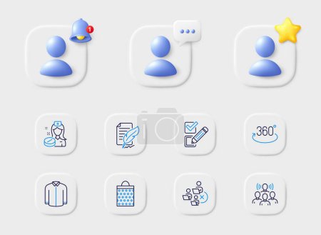 Illustration for Checkbox, Team work and Feather signature line icons. Placeholder with 3d star, reminder bell, chat. Pack of Remove team, Shirt, Shopping bag icon. Full rotation, Nurse pictogram. Vector - Royalty Free Image