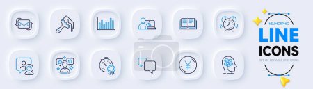 Illustration for Stress, Bar diagram and Education line icons for web app. Pack of Social media, Best result, Speech bubble pictogram icons. Yen money, Video conference, Online education signs. Vector - Royalty Free Image