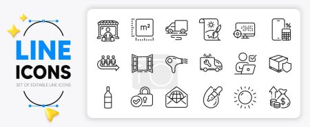 Illustration for Eye drops, Queue and Wine bottle line icons set for app include Delivery route, Market buyer, Car service outline thin icon. Sunny weather, Verified locker, Web mail pictogram icon. Vector - Royalty Free Image