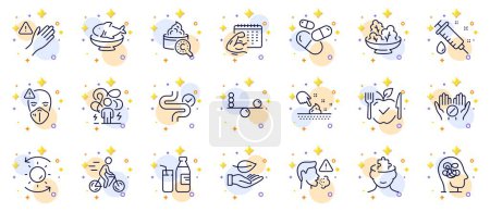 Illustration for Outline set of Leaf, Cyclist and Difficult stress line icons for web app. Include Dont touch, Skin moisture, Vegetarian food pictogram icons. Digestion, Milk, Cough signs. Medical tablet. Vector - Royalty Free Image