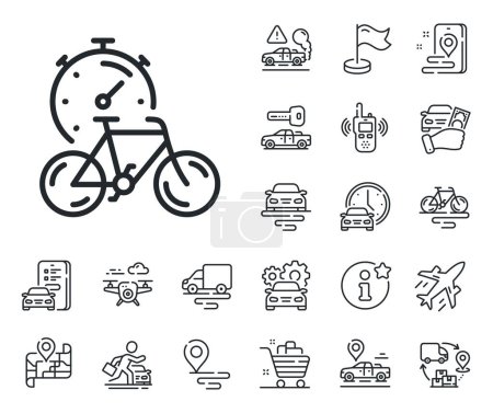 Illustration for Delivery bicycle transport sign. Plane, supply chain and place location outline icons. Bike timer line icon. Outdoor transportation symbol. Bike timer line sign. Vector - Royalty Free Image