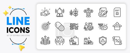 Illustration for Capsule pill, Voting ballot and Money profit line icons set for app include Video conference, Shield, Electric bike outline thin icon. Target purpose, Sunny weather, Send box pictogram icon. Vector - Royalty Free Image