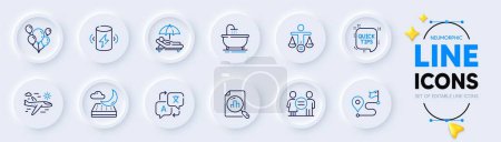 Illustration for Equality, Night mattress and Quick tips line icons for web app. Pack of Airplane travel, Ethics, Analytics graph pictogram icons. Balloons, Charge battery, Sunbed signs. Translate, Bath. Vector - Royalty Free Image