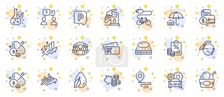 Illustration for Outline set of Boarding pass, Growth chart and Coffee pot line icons for web app. Include Parking, Chemistry lab, Accounting report pictogram icons. Consumption growth, Home insurance. Vector - Royalty Free Image