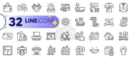 Illustration for Outline set of Businessman case, Tv stand and Wallet line icons for web with Baggage calendar, Market, Furniture thin icon. Dresser, T-shirt design, Lips pictogram icon. Carry-on baggage. Vector - Royalty Free Image