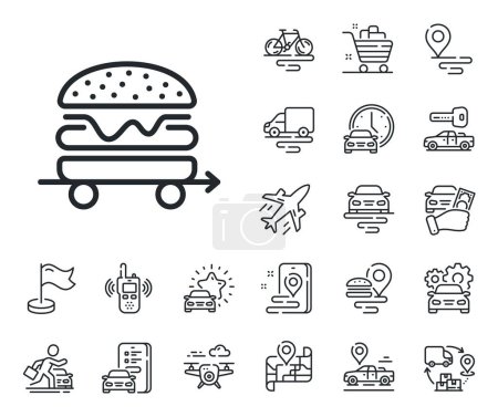 Illustration for Cheeseburger meal sign. Plane, supply chain and place location outline icons. Food delivery line icon. Catering service symbol. Food delivery line sign. Taxi transport, rent a bike icon. Vector - Royalty Free Image