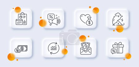 Illustration for Donation, Sale gift and Dollar money line icons pack. 3d glass buttons with blurred circles. Stress protection, Bribe, Discounts offer web icon. Update data, Report pictogram. Vector - Royalty Free Image