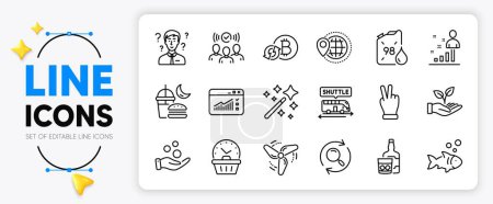 Magic wand, Helping hand and Support consultant line icons set for app include World travel, Search, Web traffic outline thin icon. Squad, Night eat, Last minute pictogram icon. Vector